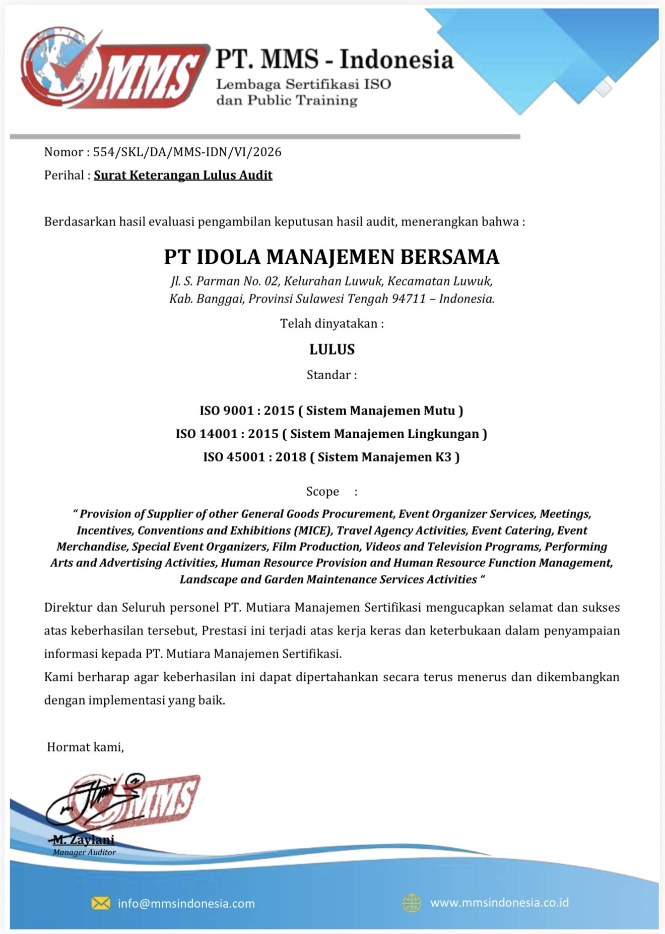 Portfolio Image: Sertificate Lulu Audit PT Idola Manajemen Bersama