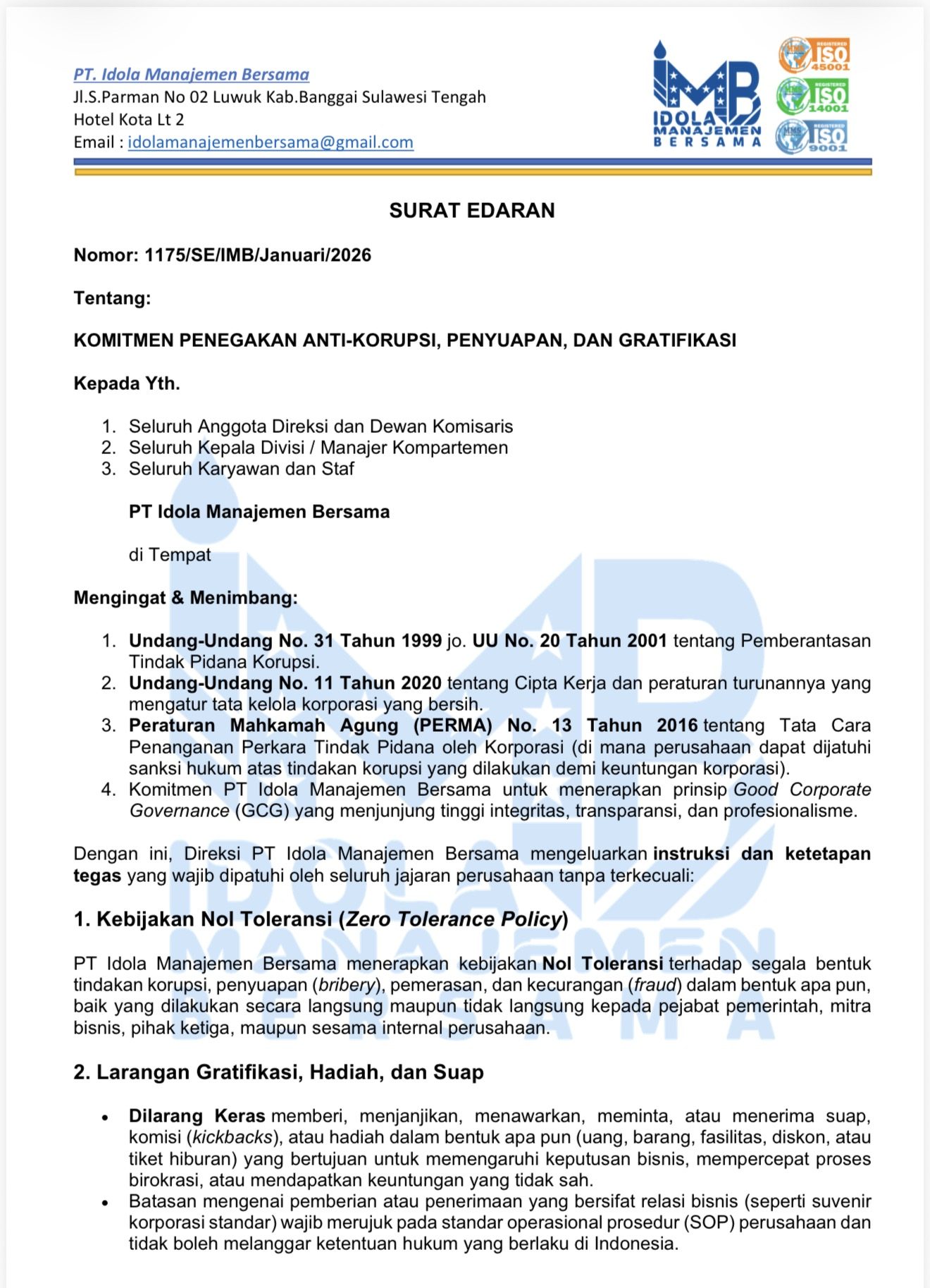 Portfolio Image: Surata Edaran Anti Korupsi Hal 1 PT Idola Manajeme